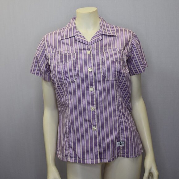 CALVIN KLEIN  BUTTON  UP Striped TOP  PET MD - Picture 2 of 6